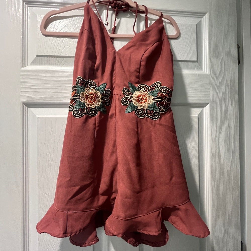 Apricot Lane Floral Embroidered Dress in Deep Red